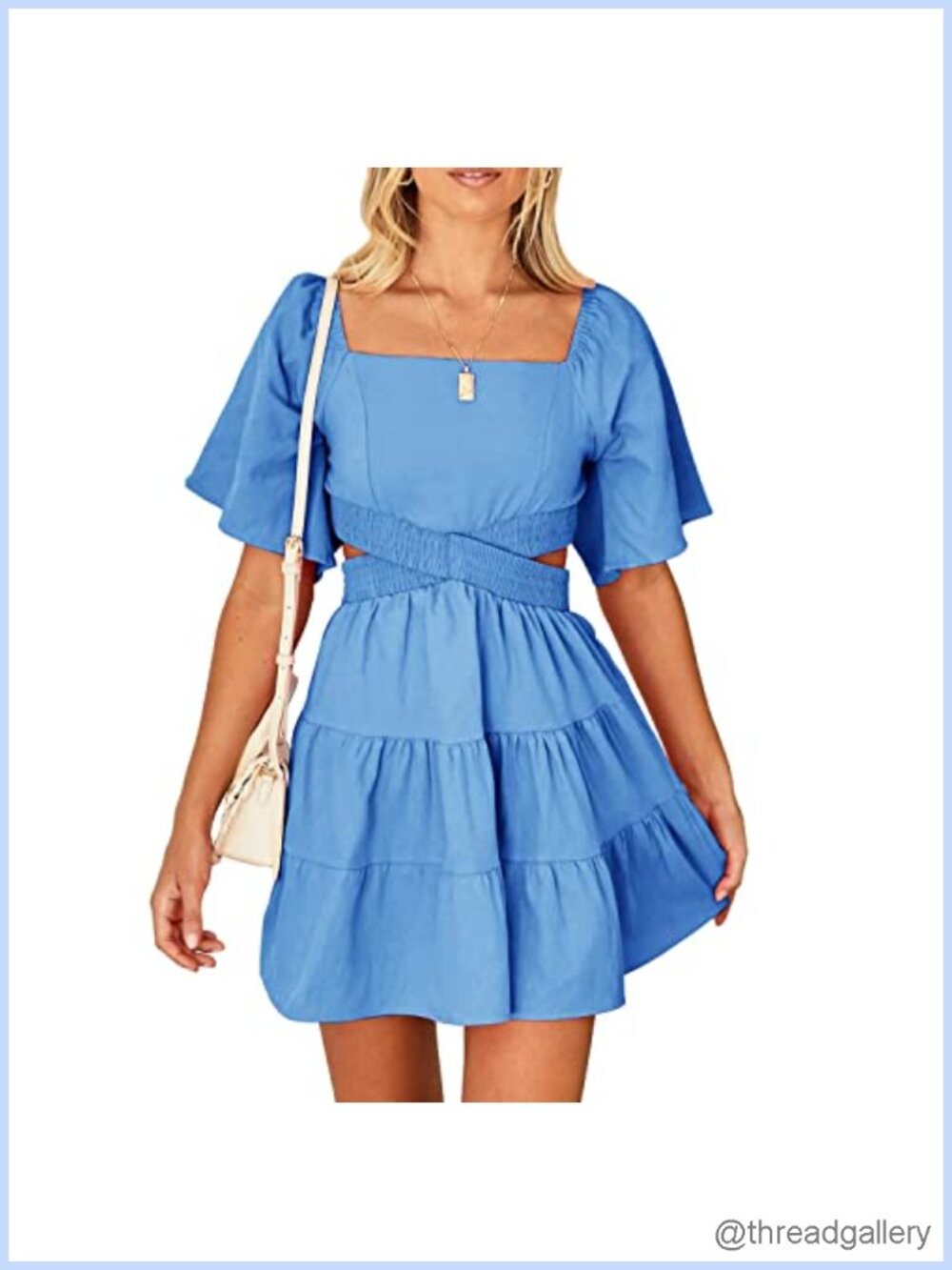 Womens 100% Cotton Square Neck Mini Dress Short Sleeve A-Line Ruffle Hem